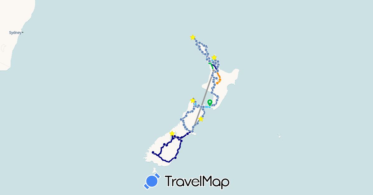 TravelMap itinerary: driving, bus, plane, cycling, hiking, boat, hitchhiking in New Zealand (Oceania)